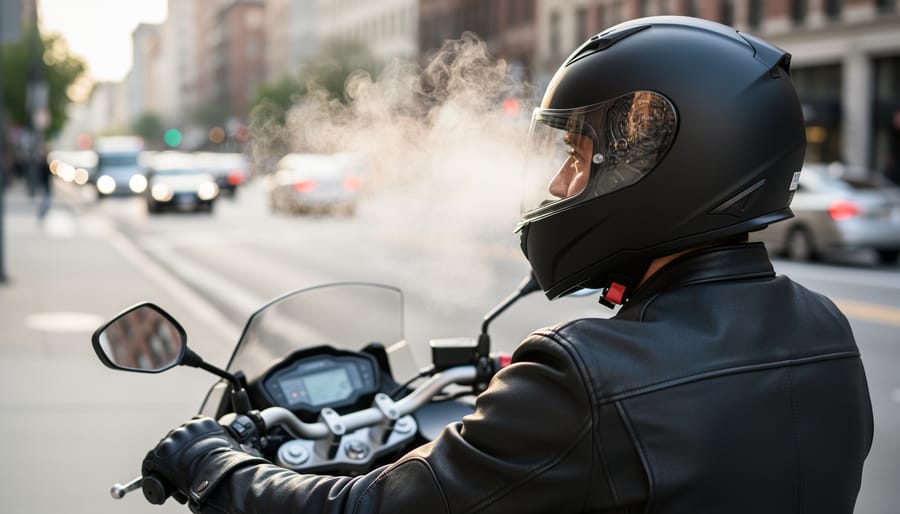 Close view of vapor near a motorcycle helmet visor with the bike stopped at an intersection
