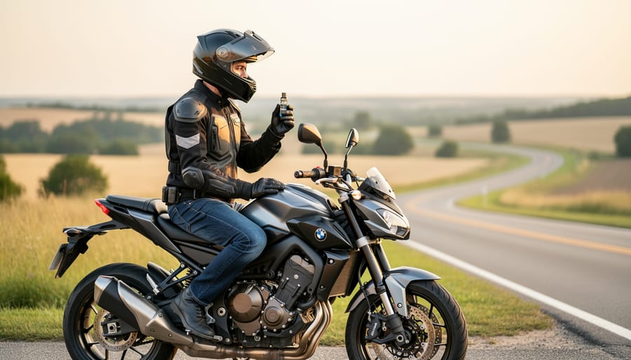 Gloved motorcyclist holding a vape device safely while parked near a motorcycle