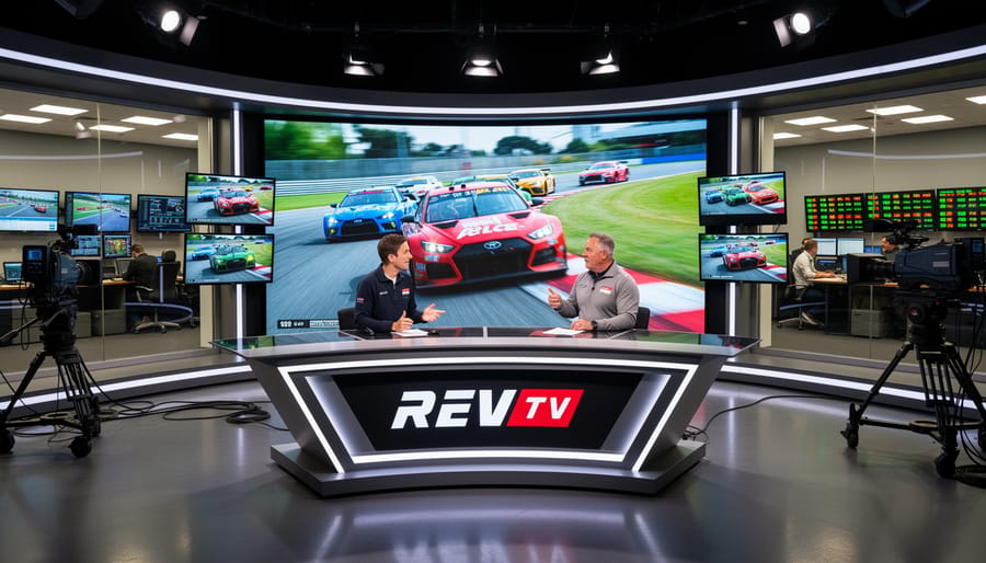 Motorsports broadcast studio equipment with helmet and gloves beside camera and monitors showing racing imagery