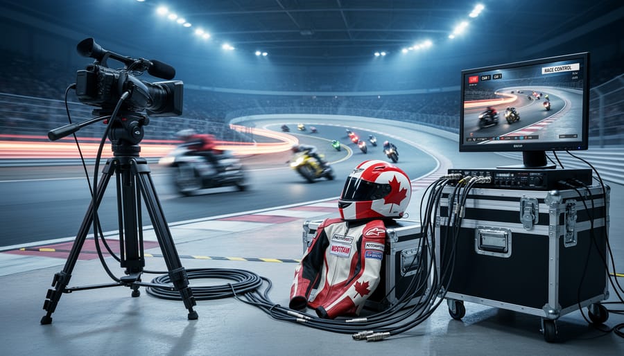 Motorsports broadcast camera and helmet beside racing broadcast equipment in a studio-like trackside setting, with blurred racing action in the background.