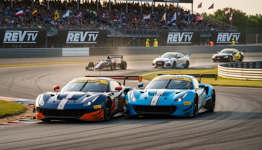 Stock car racing through a turn on a track with motion in the background