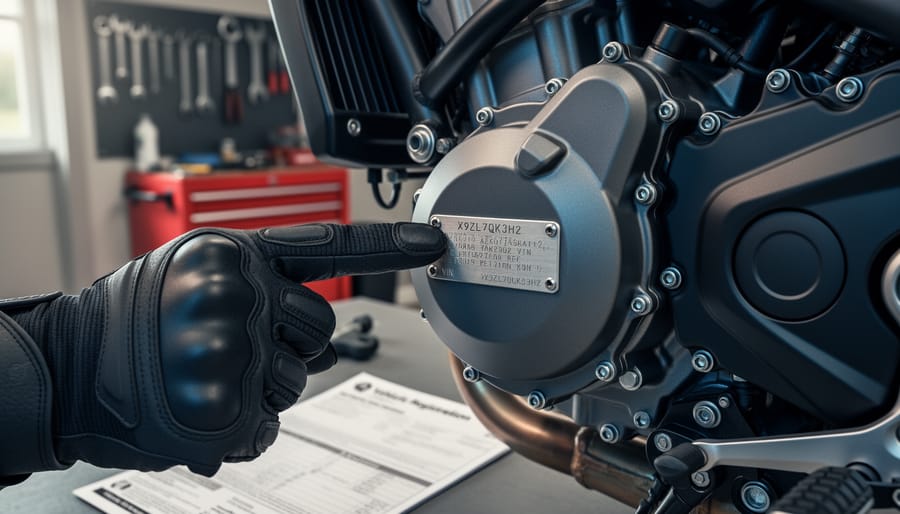 Close-up of a motorcycle VIN label plate and engine case casting with a gloved hand indicating the identifier area in a Canadian garage workshop.