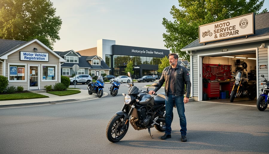 Motorcycle parked outside a service garage storefront under an overcast sky