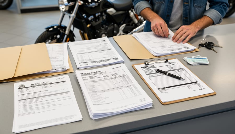 Registration folder and motorcycle service booklet on a workbench next to a helmet and keys