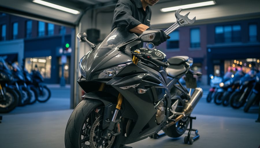 Mechanic’s gloved hands working with a wrench near a motorcycle inside a Toronto garage service hub at dusk, with soft work lights and other bikes blurred in the background.