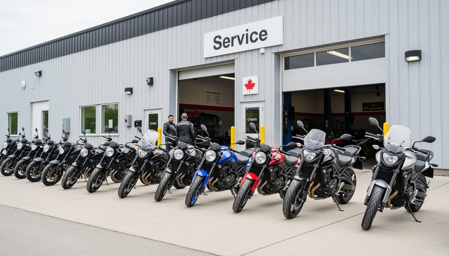 Motorcycles parked outside a Toronto motorcycle service bay under overcast daylight