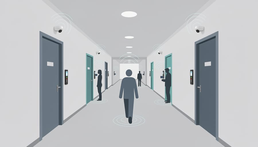 Hallway inside an automotive facility with bright interior lighting near a doorway