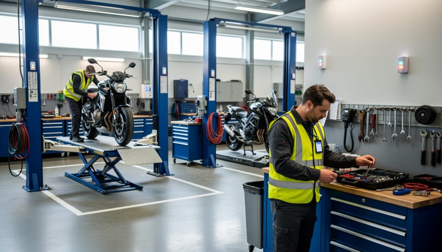 “Technicians in a motorcycle service shop near multiple work bays with discreet wall-mounted location beacons and badge reader equipment visible in the scene.”