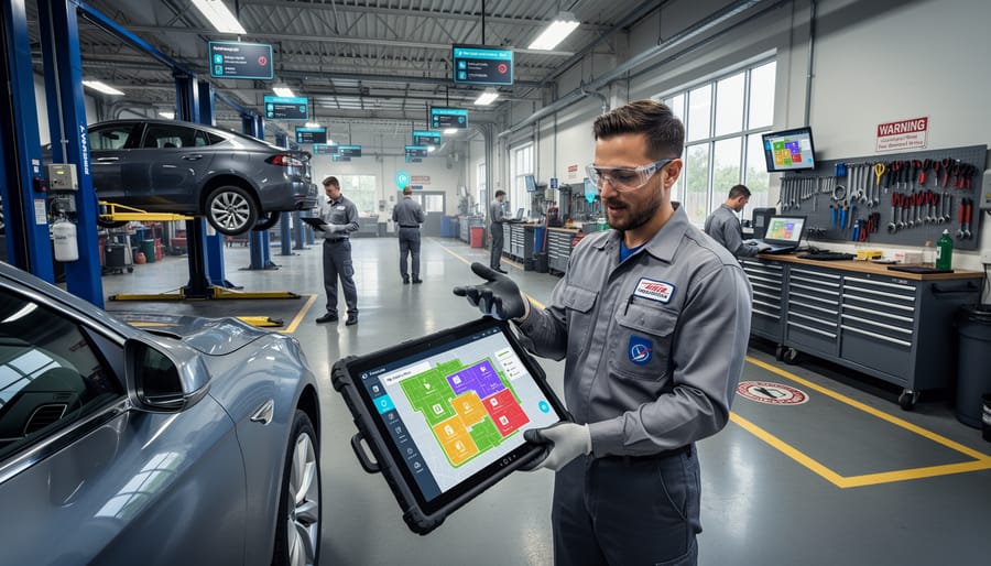 Automotive technician standing in a service bay near a doorway with motorcycles and shop equipment in the background