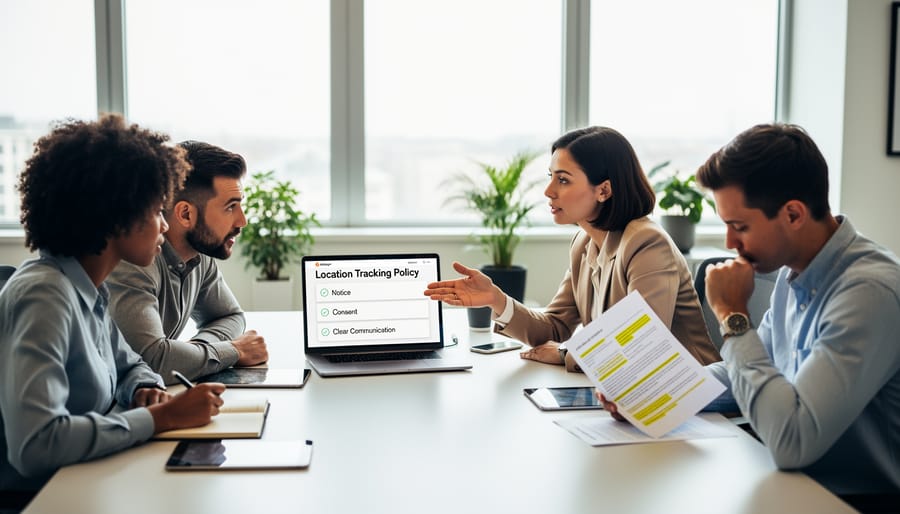 People seated around a table reviewing workplace documents in a professional office setting with natural light